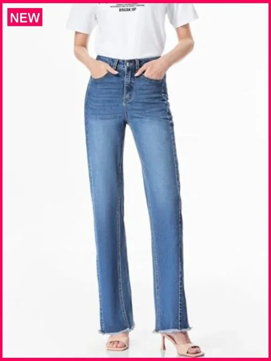 High Waisted Wide Leg Jeans Stretchy Raw Hem Denim Pants - Picture 5 of 7